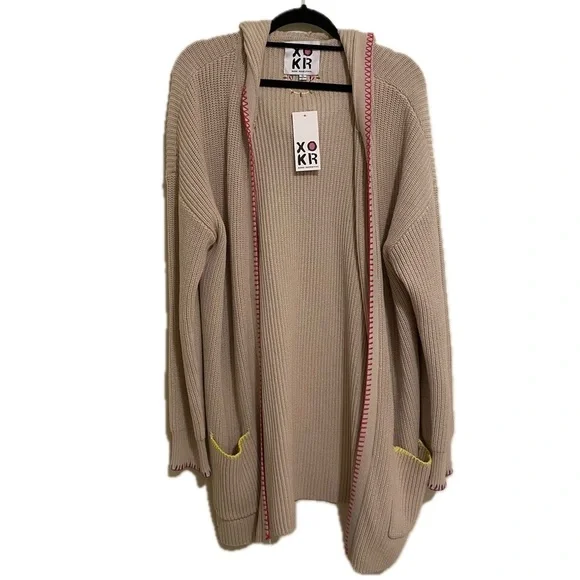 NWT Kerri Rosenthal Long Open Front Cream Cardigan Smiley Face XL - Picture 3 of 15